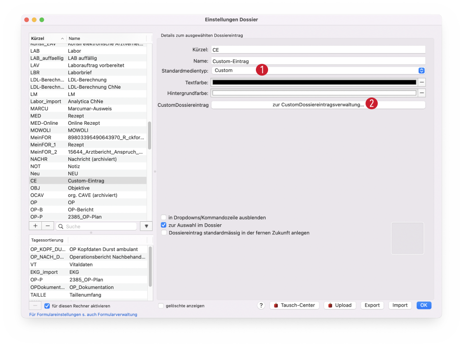tomedo handbuch dossiereintragstypen custom einstellung schweiz