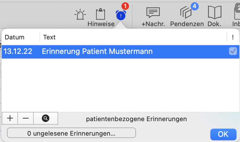 tomedo handbuch nachrichten erinnerungen patientenbezogene erinnerung hinweise schweiz