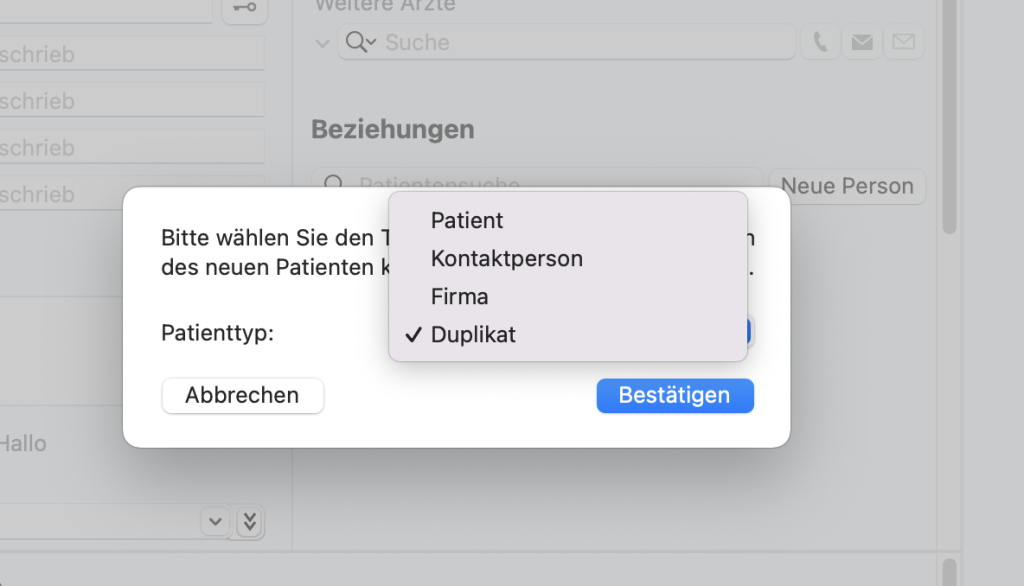 tomedo handbuch patientendetails beziehungen duplikat auswaehlen schweiz