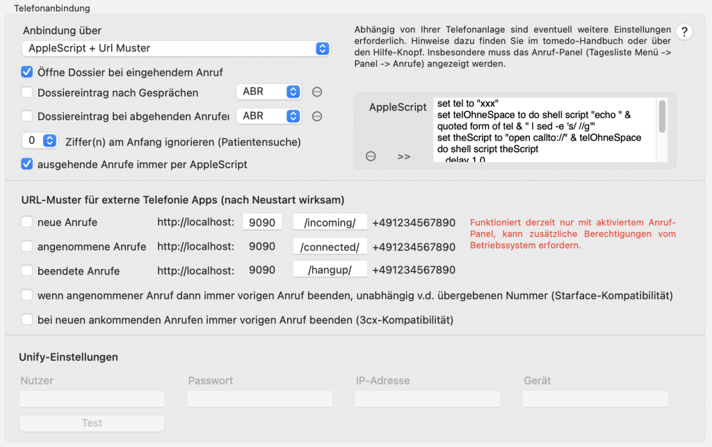 tomedo handbuch anruf panel einstellungen anbindung applescript schweiz