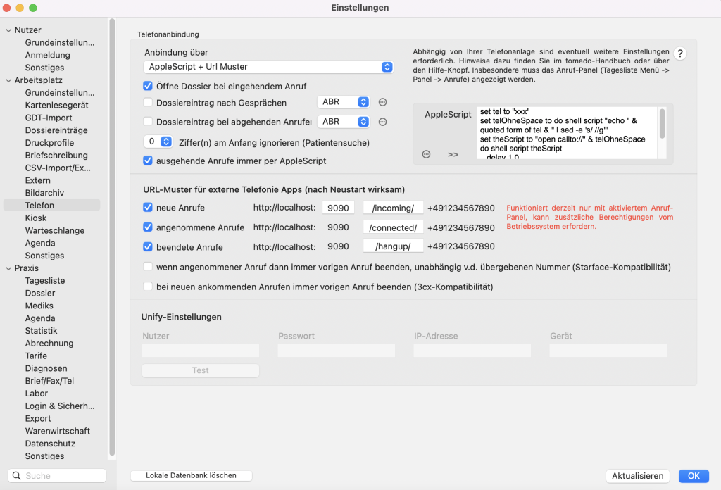 tomedo handbuch anruf panel einstellungen anbindung ecotel schweiz