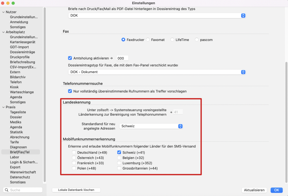 tomedo handbuch anruf panel einstellungen laenderkennung schweiz