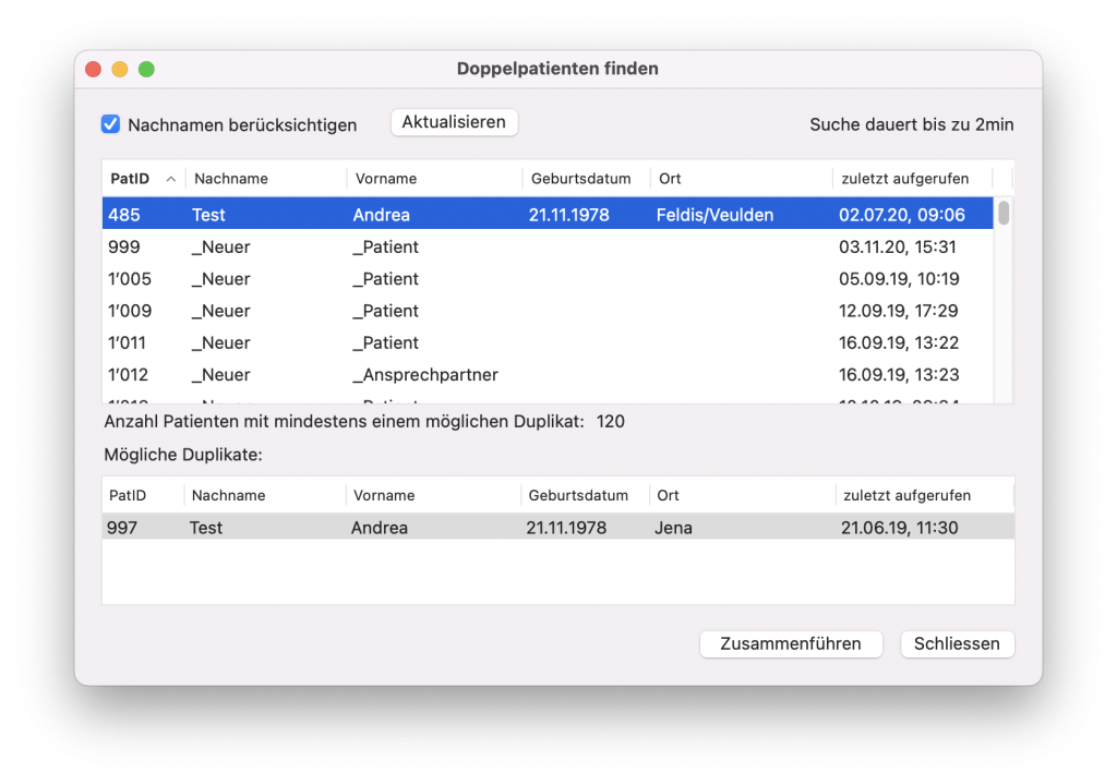 tomedo handbuch patientendetails doppelpatienten finden schweiz