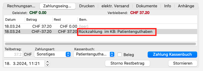 tomedo handbuch schweiz abrechnung einlesen buchungen rueckzahlung eintrag patientenguthaben