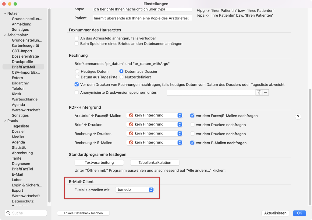 tomedo handbuch schweiz email einstellungen e mail client