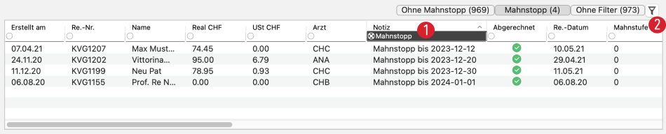 tomedo handbuch abrechnung mahnstopp filter