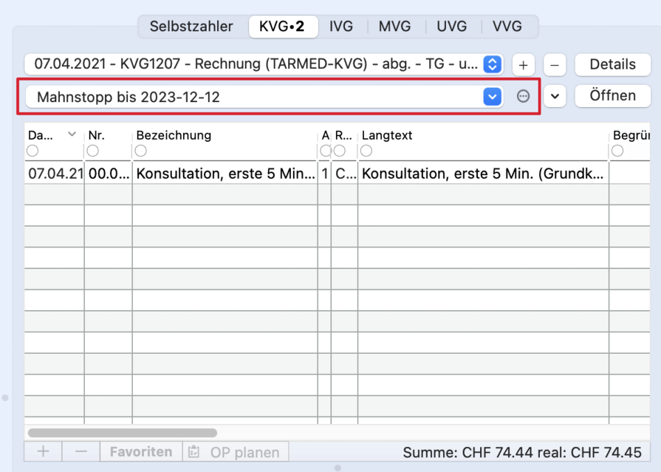 tomedo handbuch abrechnung mahnstopp notiz rechnung