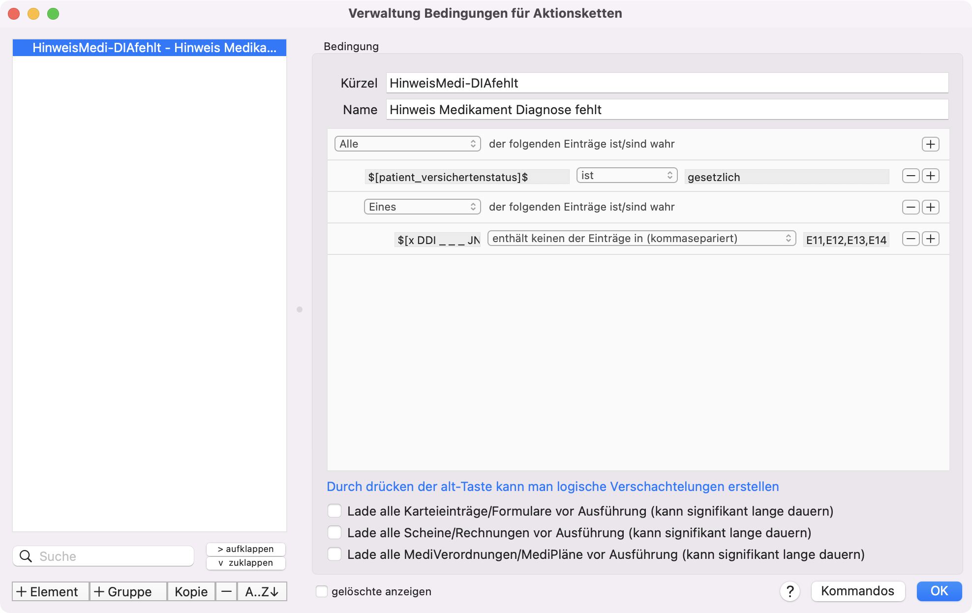 tomedo handbuch automatisierung aktionsketten beispiel fehlende diagnose bedingung