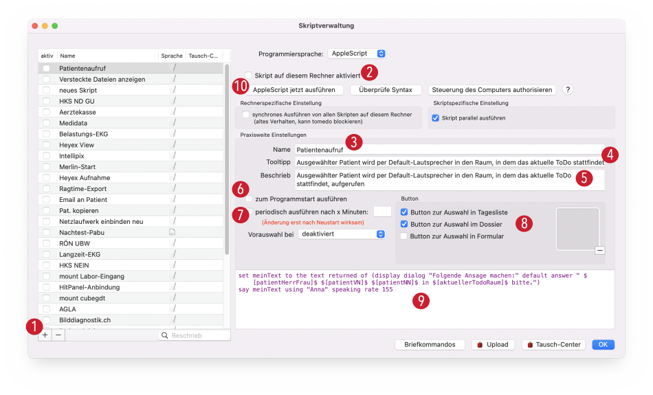 tomedo handbuch einbindung applescripts skriptverwaltung schweiz