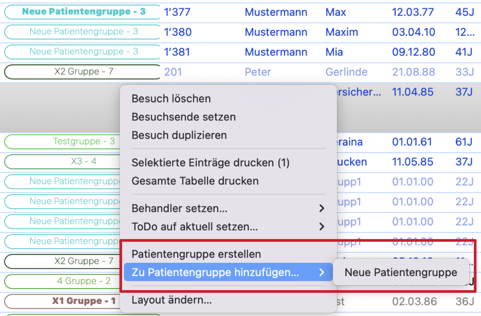 tomedo handbuch gruppenbehandlung tagesliste erstellen hinzufuegen schweiz