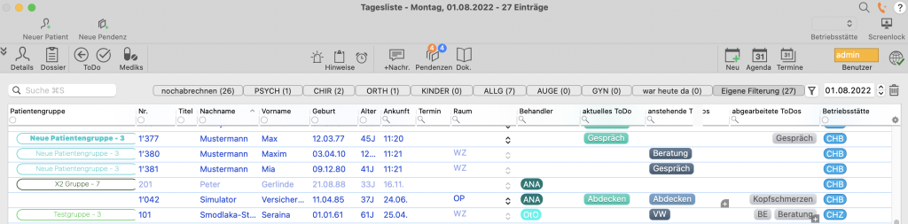 tomedo handbuch gruppenbehandlung tagesliste uebersicht schweiz