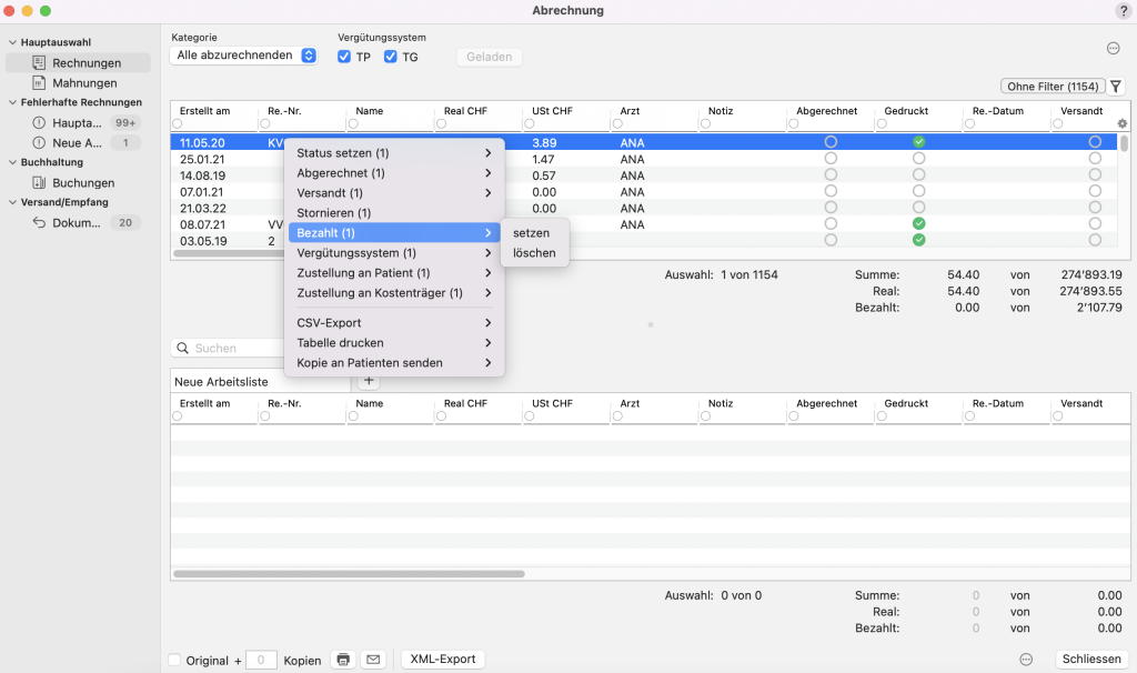 tomedo handbuch kassenbuch einlesen abrechnung rechtsklick kontextmenue schweiz