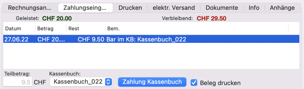 tomedo handbuch kassenbuch rechnung zahlungseingang teilbetrag schweiz