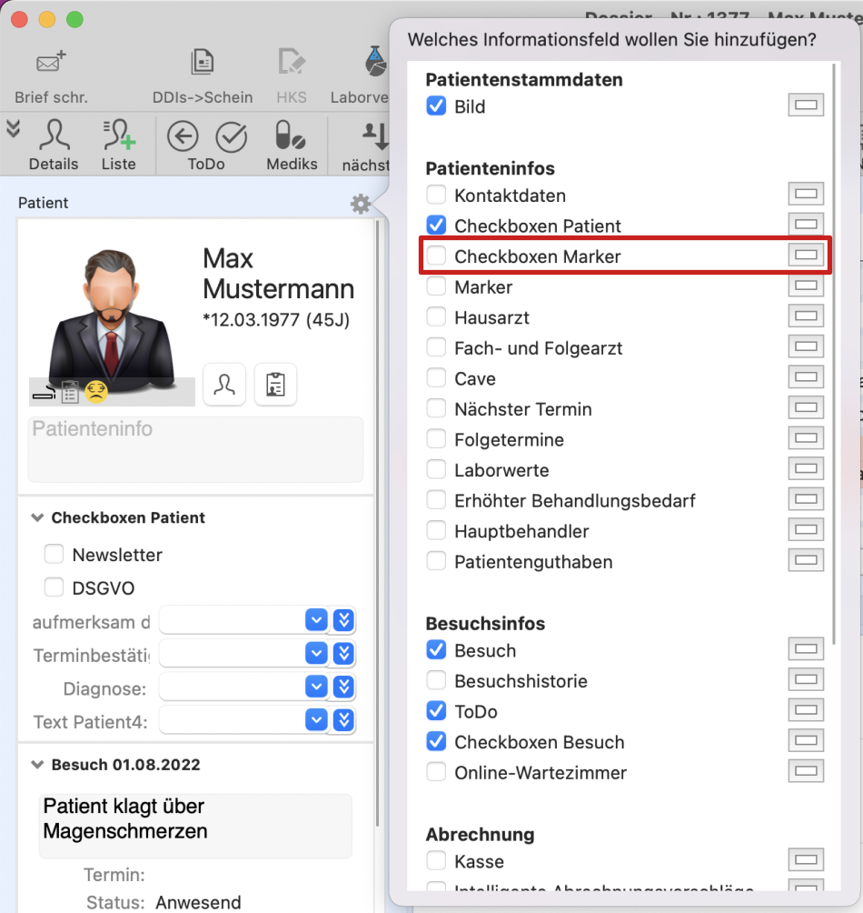 tomedo handbuch patientenmarker checkbox hinzufuegen schweiz