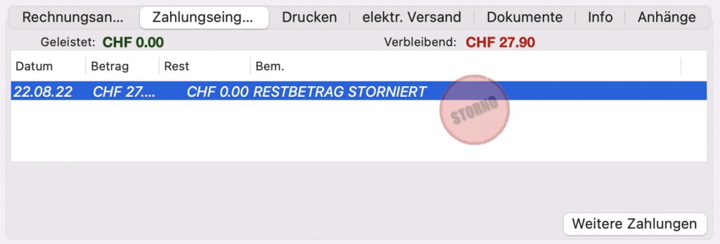 tomedo handbuch rechnung detail ansicht zahlungseingang storno schweiz