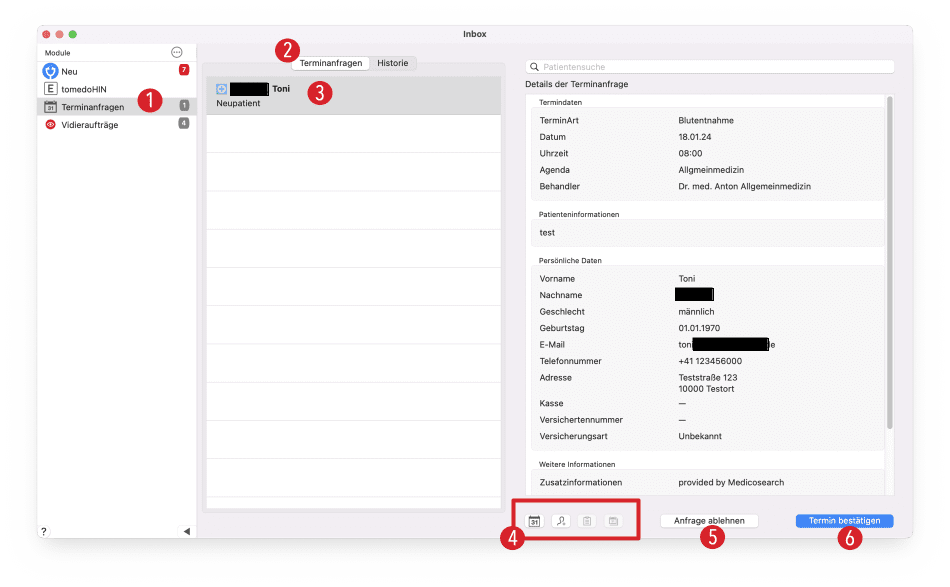 tomedo handbuch schweiz agenda medicosearch inbox terminanfragen