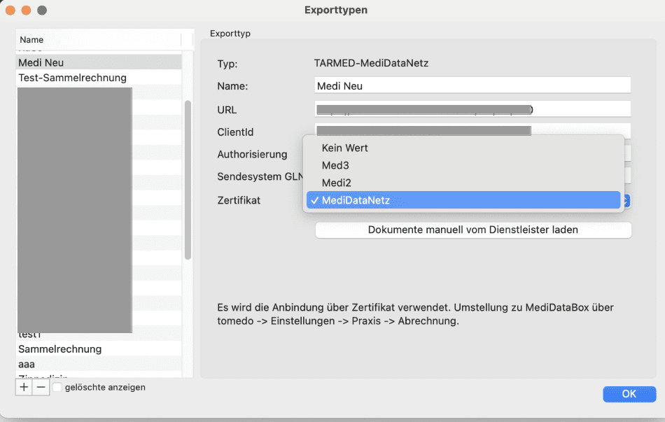 tomedo handbuch schweiz rechnungstypen exporttypen medidatanetz zertifikat exporttyp anlegen 1