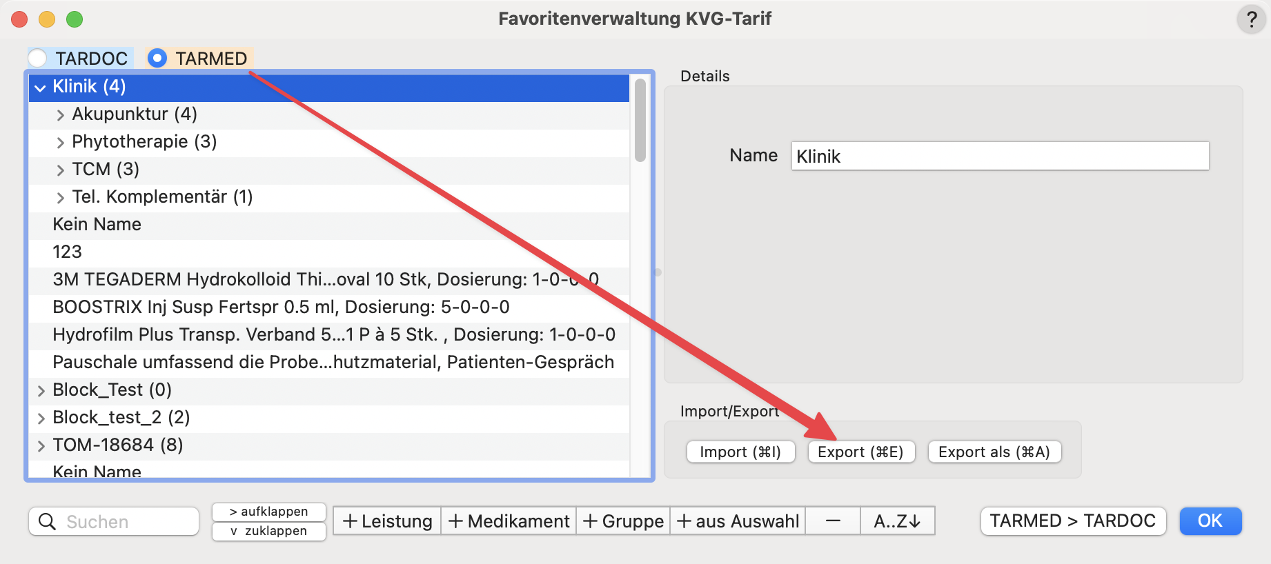 tomedo handbuch schweiz tarif tardoc rechnung favoriten