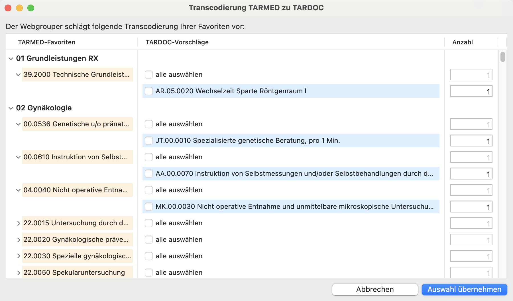 tomedo handbuch schweiz tarif tardoc rechnung favoriten umwandeln webgrouper