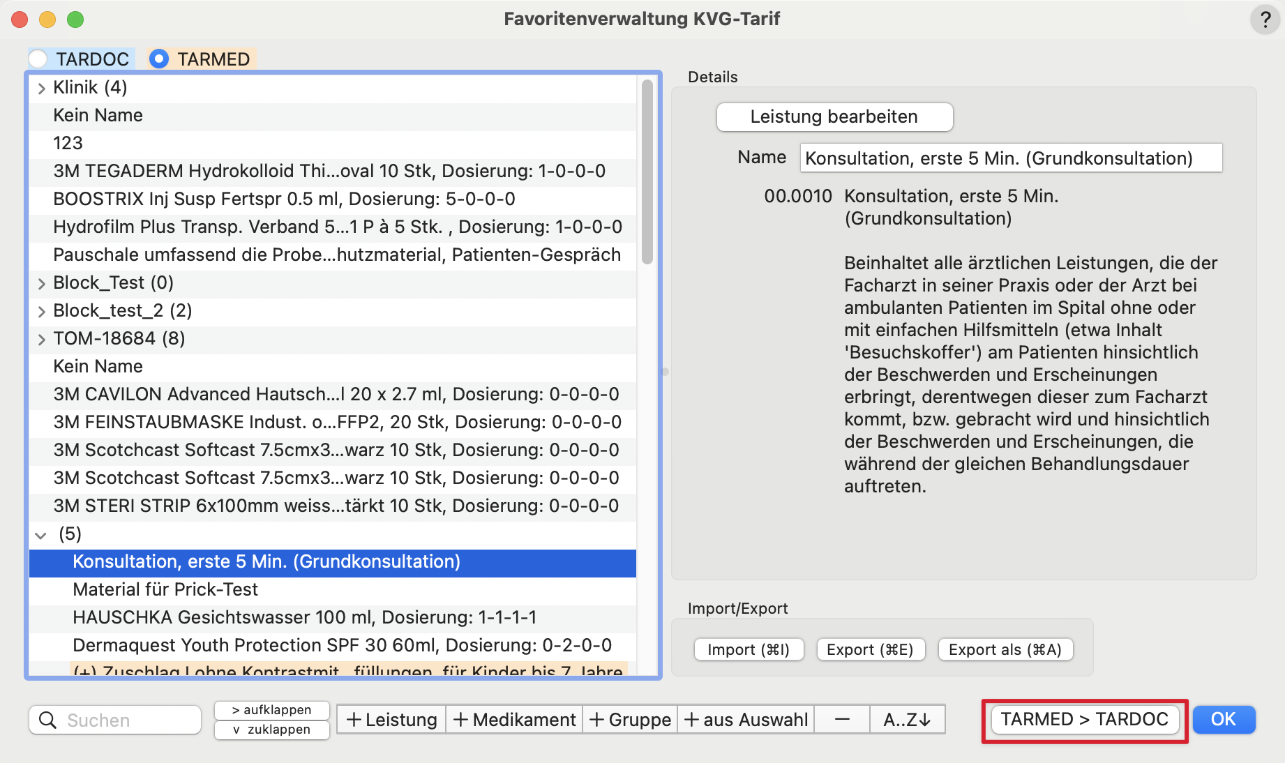 tomedo handbuch schweiz tarif tardoc rechnung favoriten umwandeln
