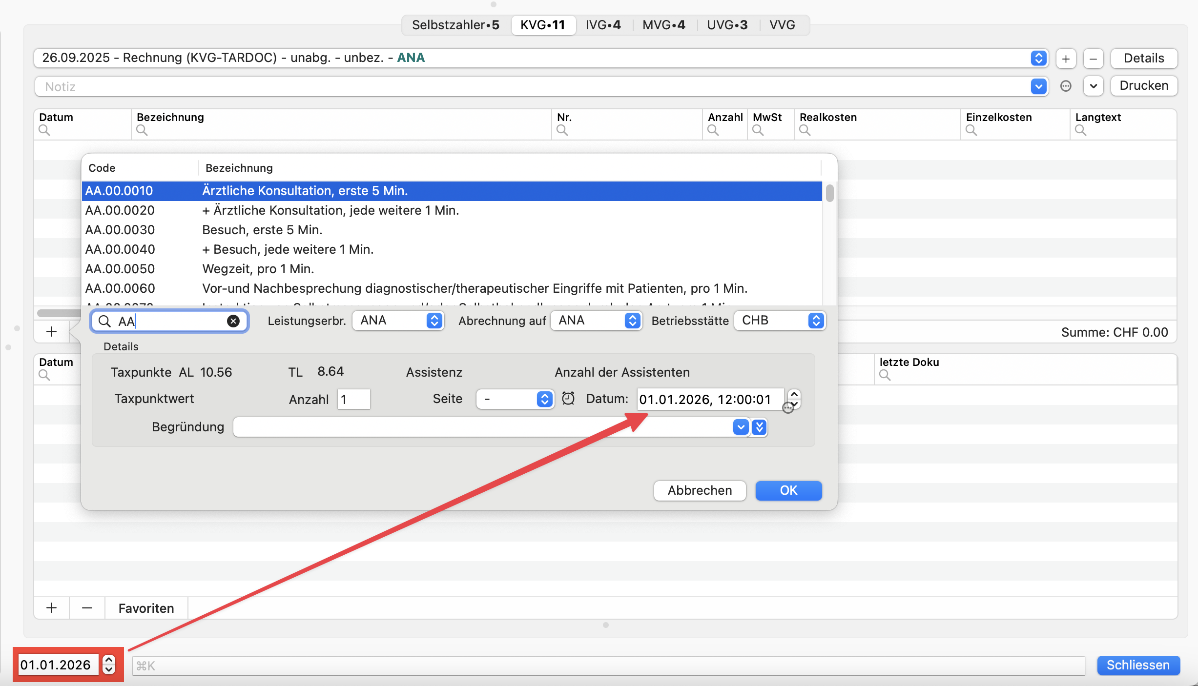 tomedo handbuch schweiz tarif tardoc rechnung hinzufuegen