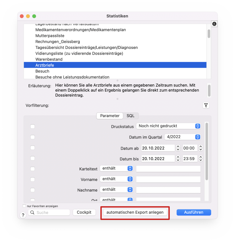 tomedo handbuch statistiken automatischer statistikexport anlegen ohne filter schweiz