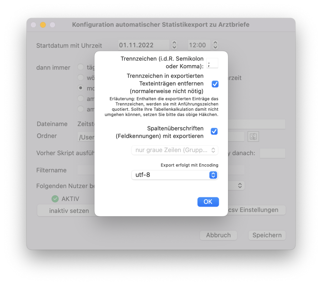 tomedo handbuch statistiken automatischer statistikexport konfiguration csv einstellungen schweiz