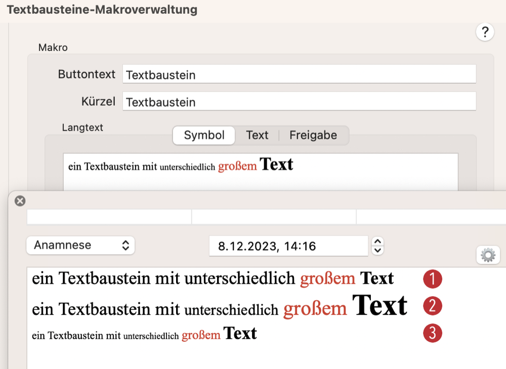 tomedo handbuch textbausteine einstellungen schriftgroesse beispiel