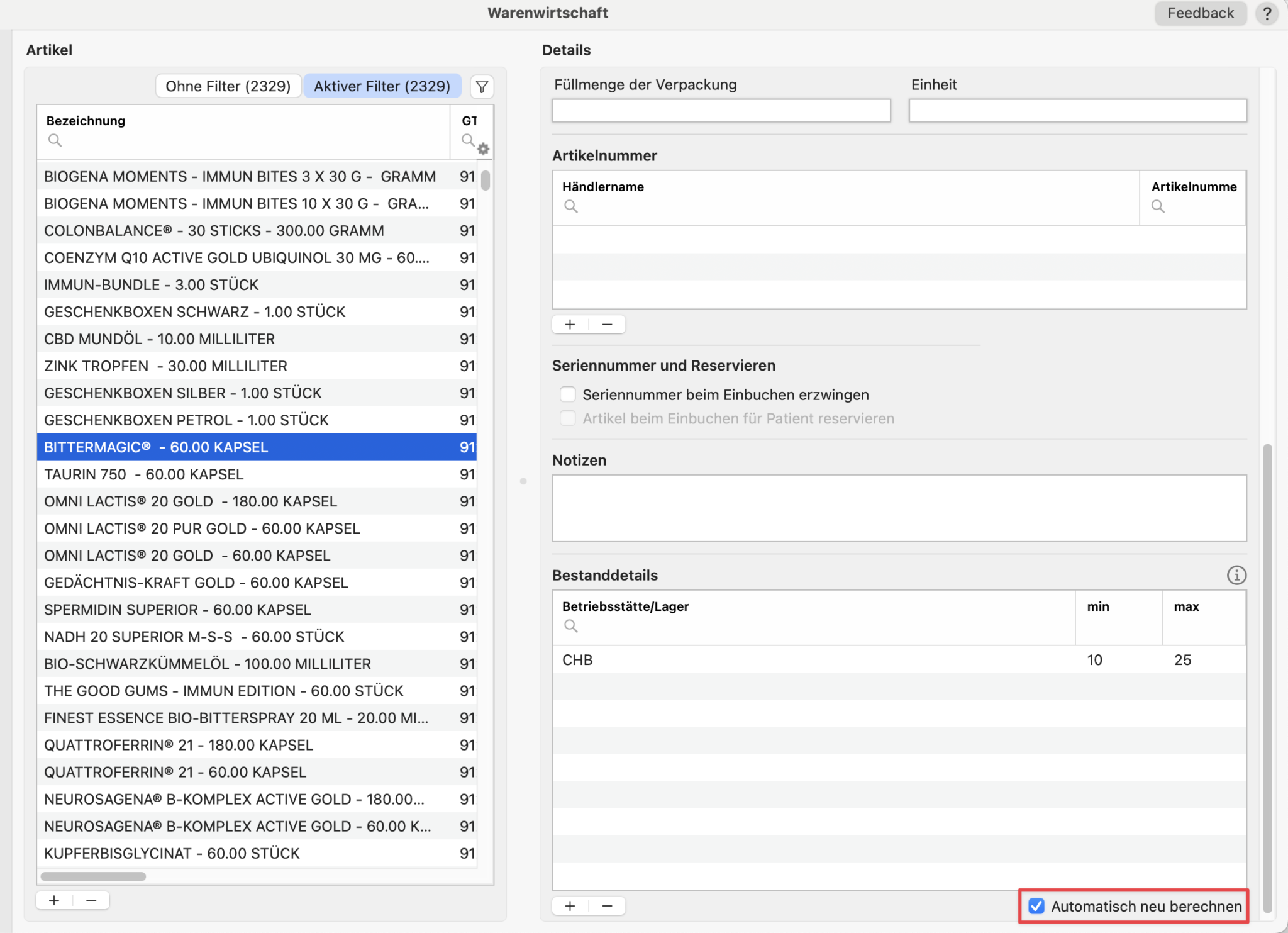 tomedo handbuch warenwirtschaft bestanddetails automatische mindestbestandberechnung ausgewaehlt checkbox schweiz 1