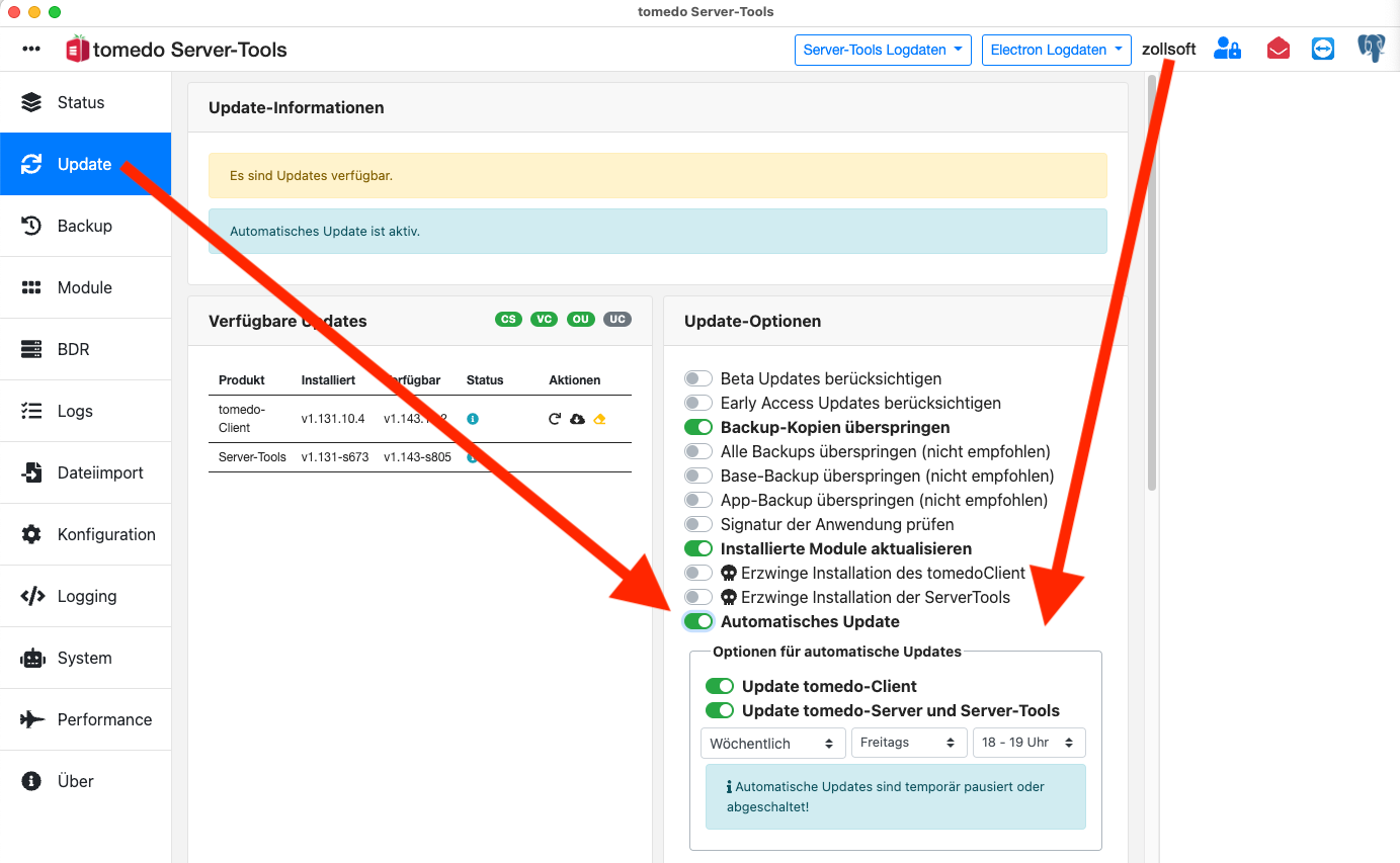 tomedo handbuch schweiz updates server tools automatisch