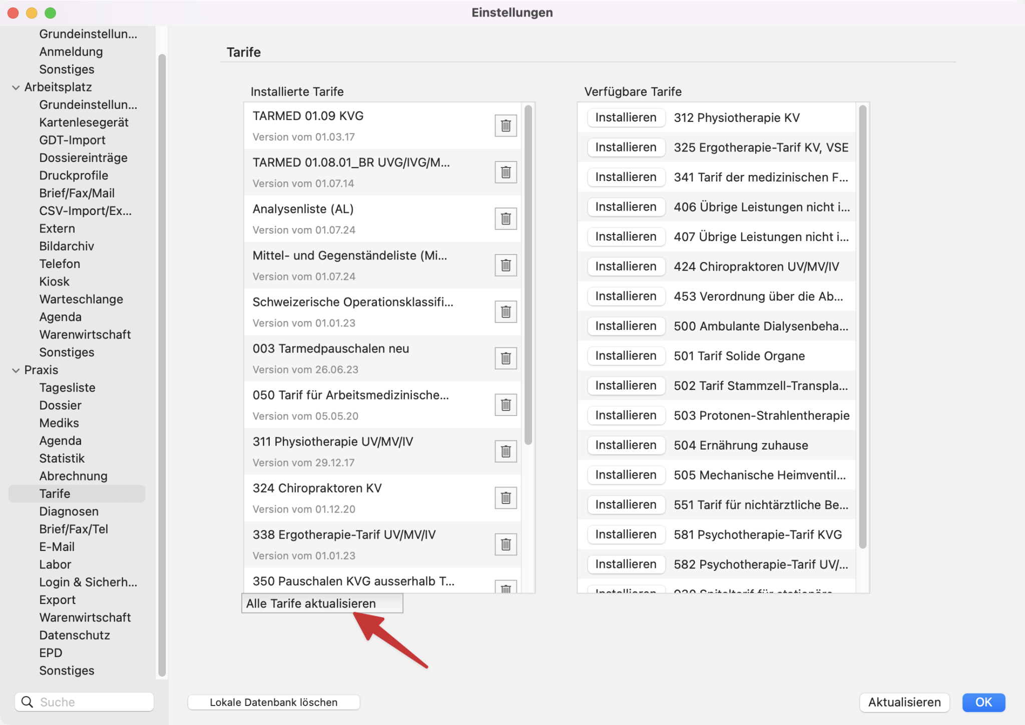 tomedo handbuch schweiz updates tarife aktualisieren