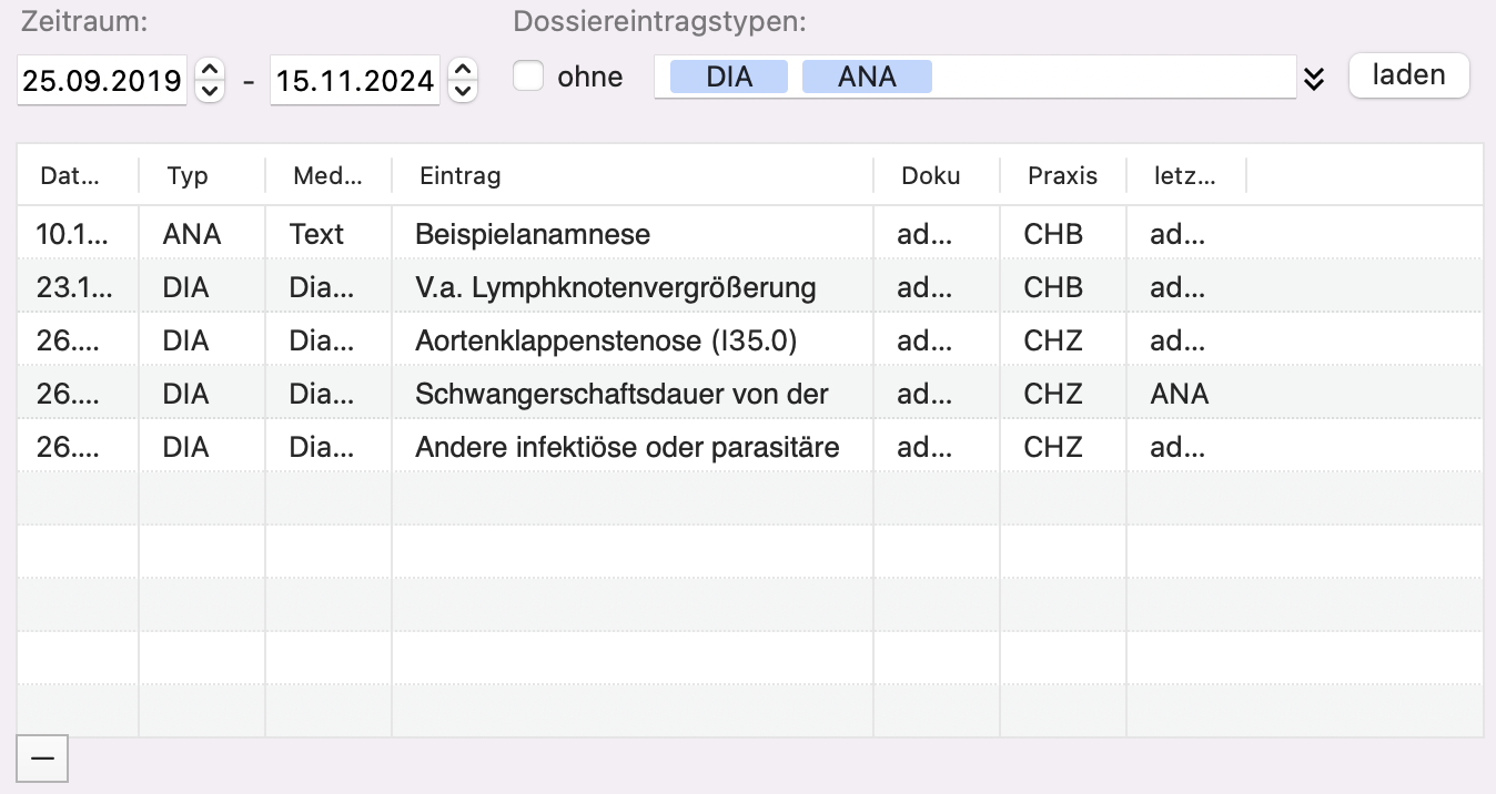 tomedo handbuch schweiz dossier dossierexport mit auswahl beispiel