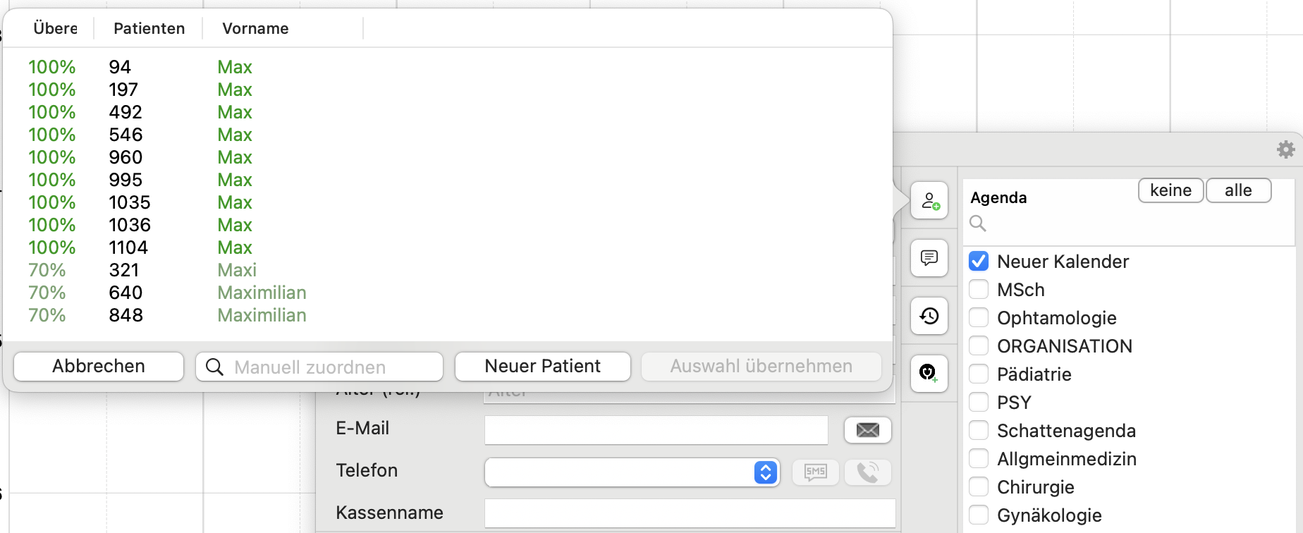 tomedo handbuch kalender kalenderfenster termin popover neupatientendaten patient anlegen bestandspatienten abgleich