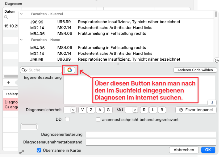 tomedo changelog 161 Diagnosen Google Suche
